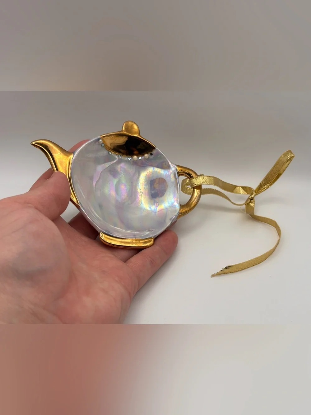 Vintage Lusterware Teabag Rest Ornament Iridescent and Gold Teapot Hanging Decor